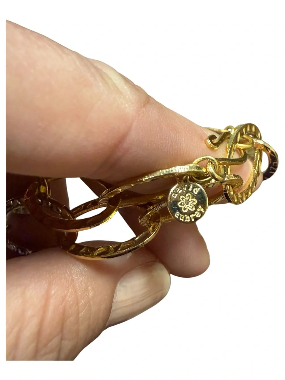 David Aubrey Vintage 18K Gold Plated HammeredChain Necklace w/ Real Stone